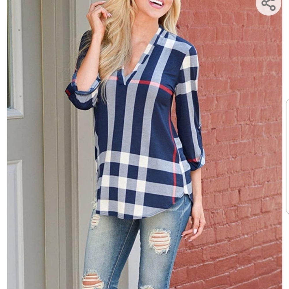 Mansy Casual 2/3 sleeve V-Neck Plaid Shirt Top  XL